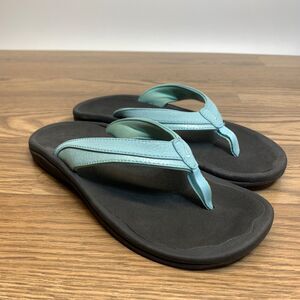 Olukai OHANA Women’s 8 Light Blue Leather Flip Flops Beach Thong Slide Sandals